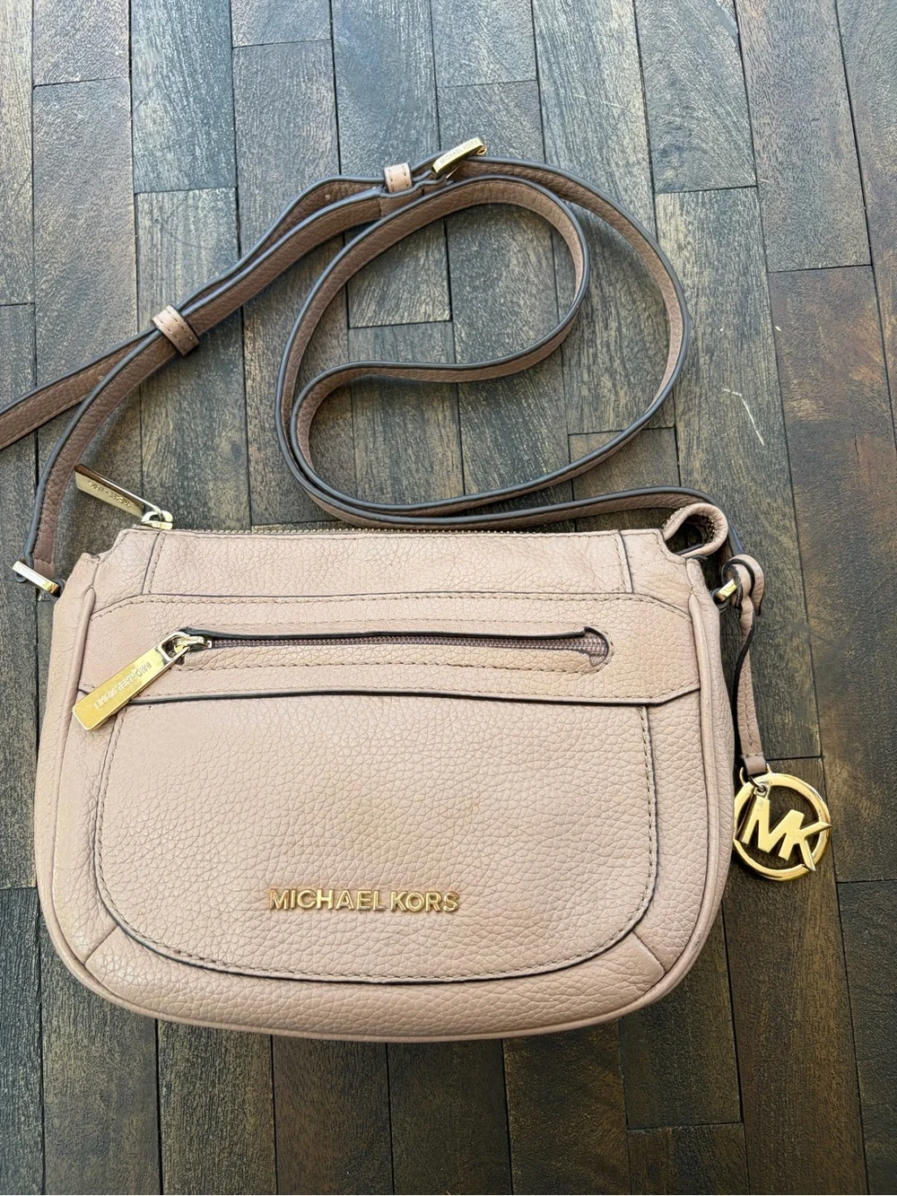 Michael Kors Blush Pebbled Leather Crossbody Bag with Gold Hardware and charm